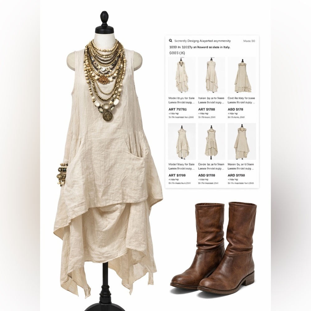 Italian artisanal asymmetrical layered 100% linen dress - Picture 2 of 9